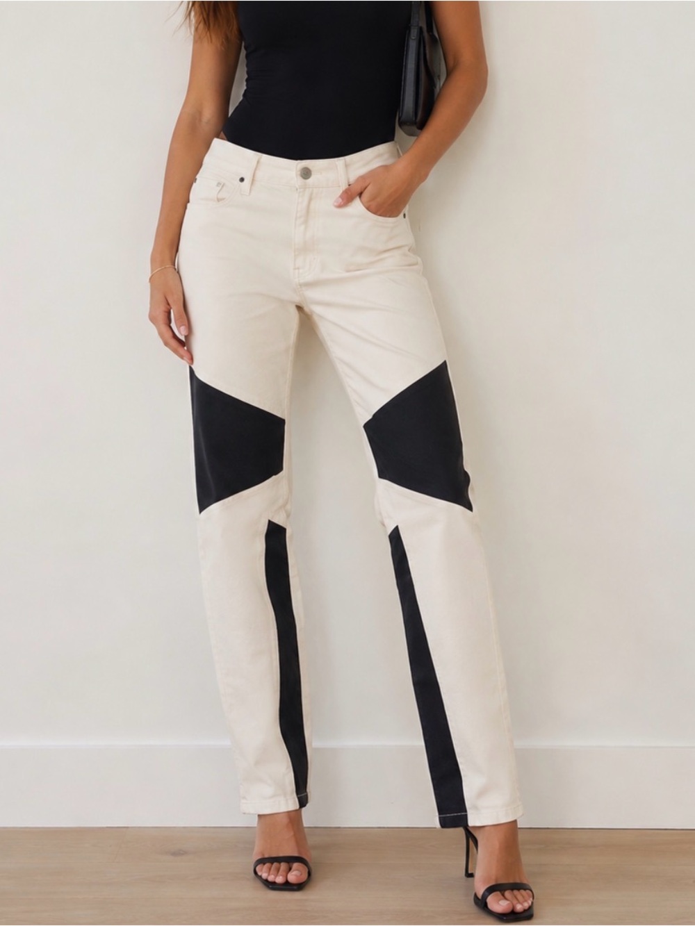 bebe Cream and Black Colorblock Skinny Jeans